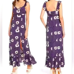 Leith Purple Floral Print Maxi Dress, Ruffle Straps, V-Neck, Ruffle Hem, EUC!
